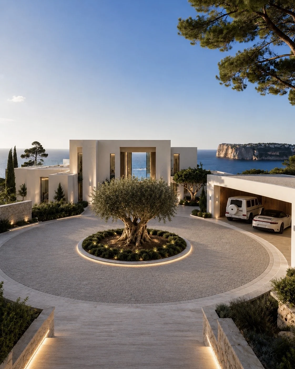 Front exterior view of a modern Mediterranean villa with a circular driveway and sculptural olive tree