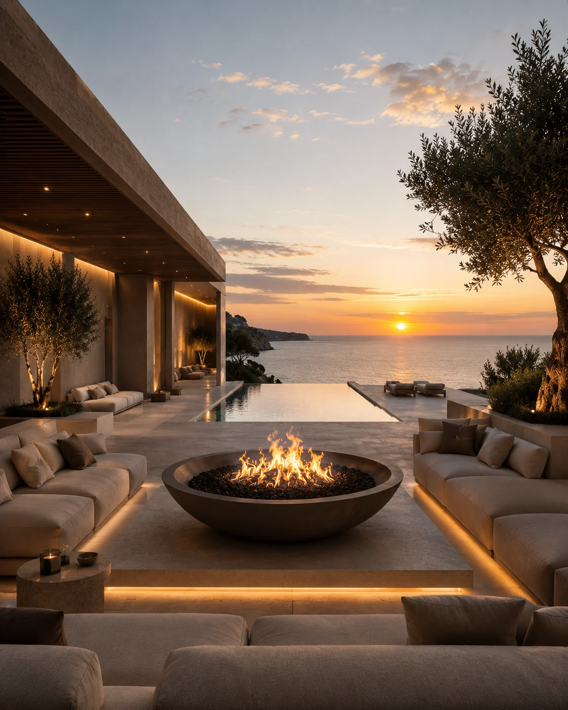 Outdoor lounge with a monumental fire bowl